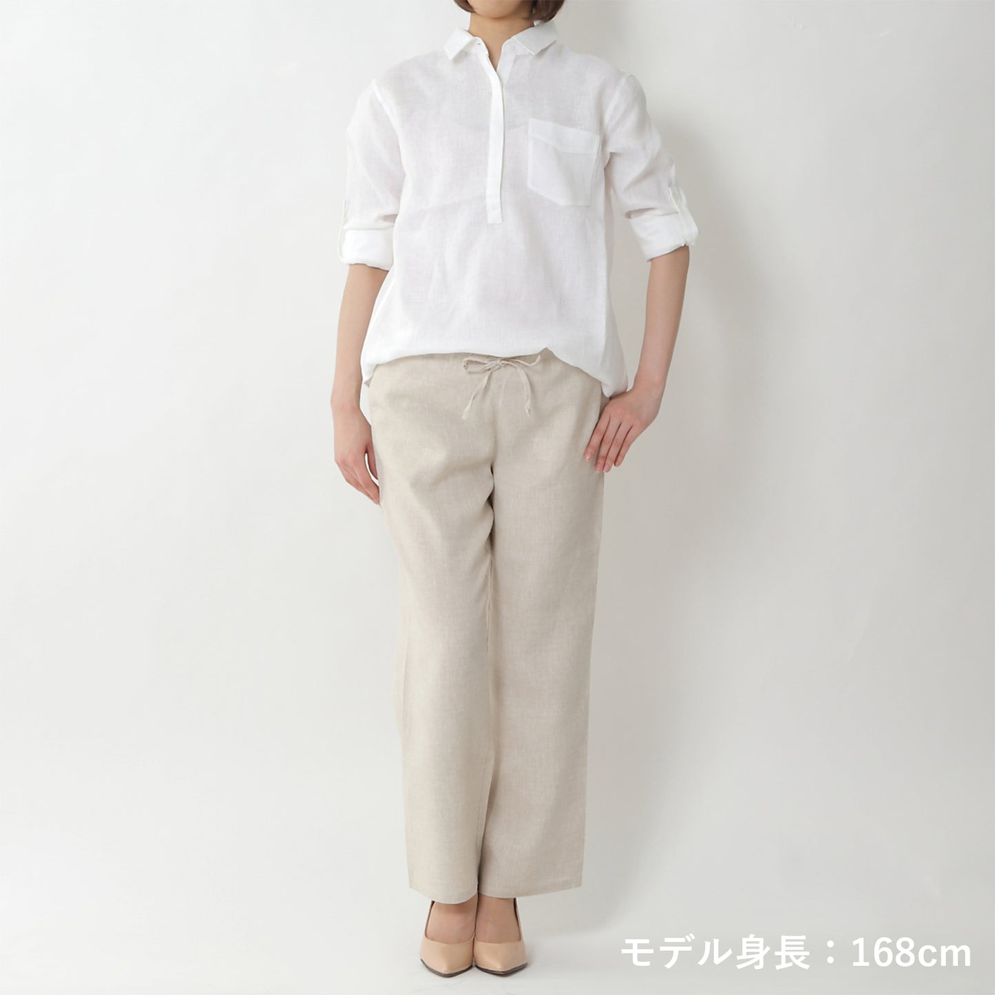 リネンシャツインリラクシングパンツ(model:168cm 着用サイズ:SM)