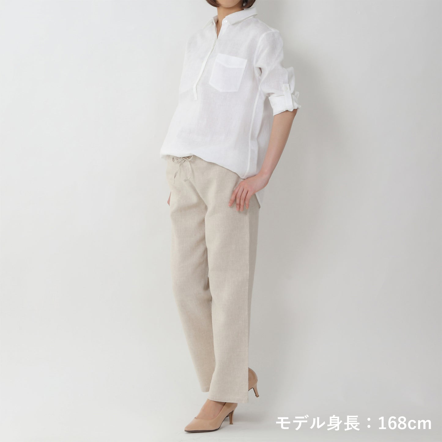 リネンシャツインリラクシングパンツ(model:168cm 着用サイズ:SM)