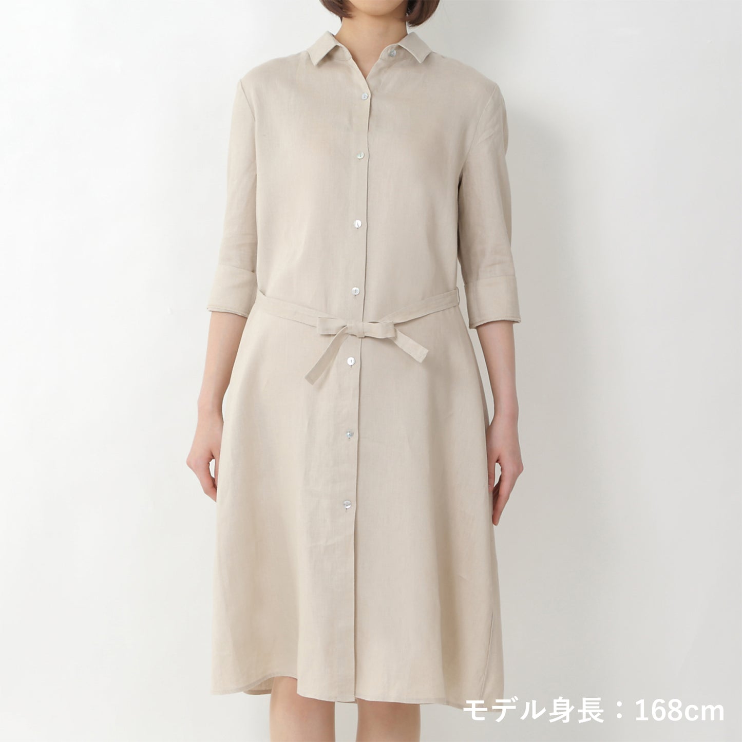 リネンバックギャザーシャツワンピース(model:168cm 着用サイズ:SM)