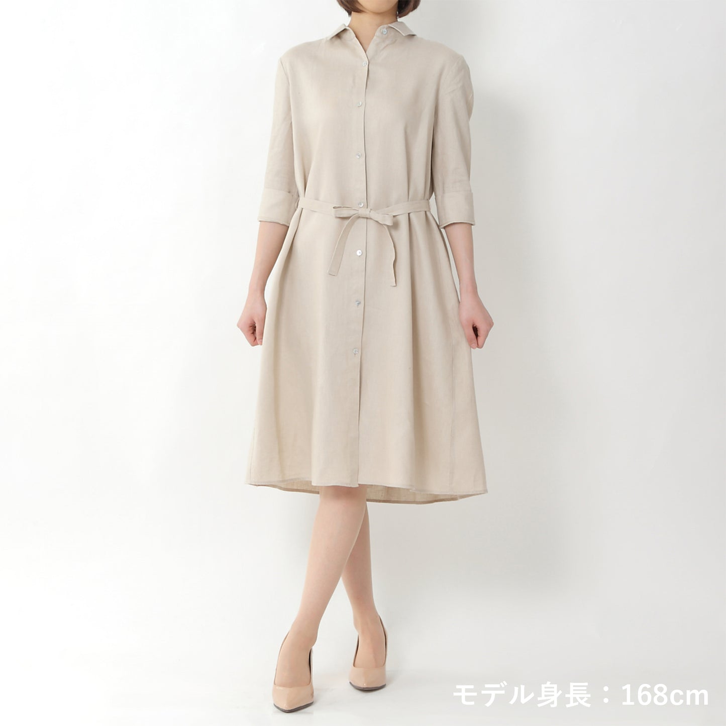 リネンバックギャザーシャツワンピース(model:168cm 着用サイズ:SM)