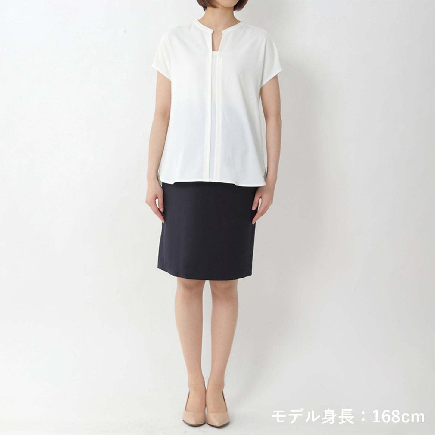 授乳口付ストレッチジョーゼットフレンチスリーブブラウス(model:168cm 着用サイズ:SM)