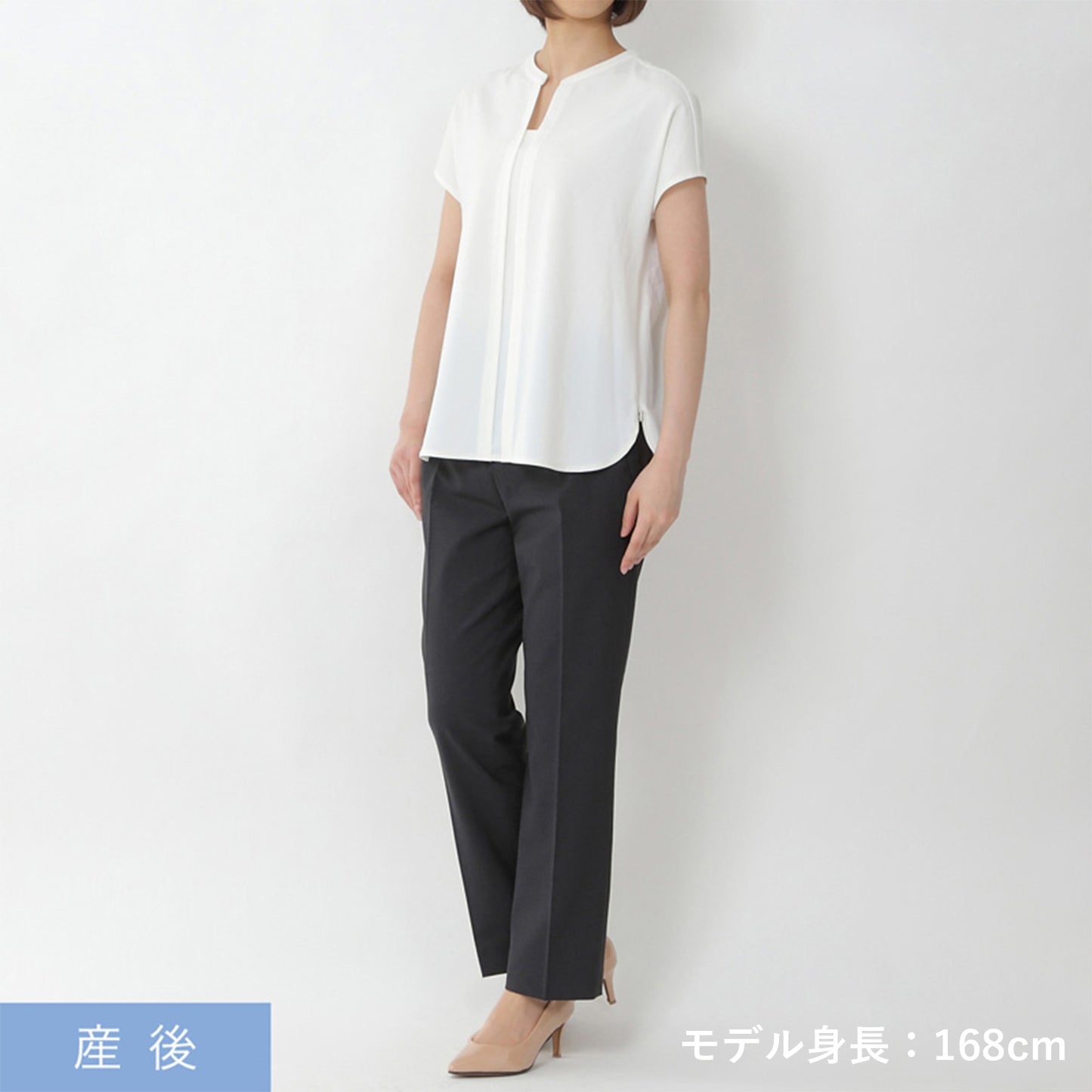 授乳口付ストレッチジョーゼットフレンチスリーブブラウス(model:168cm 着用サイズ:SM)