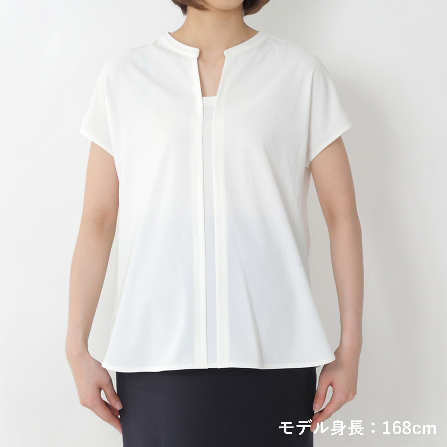 授乳口付ストレッチジョーゼットフレンチスリーブブラウス(model:168cm 着用サイズ:SM)