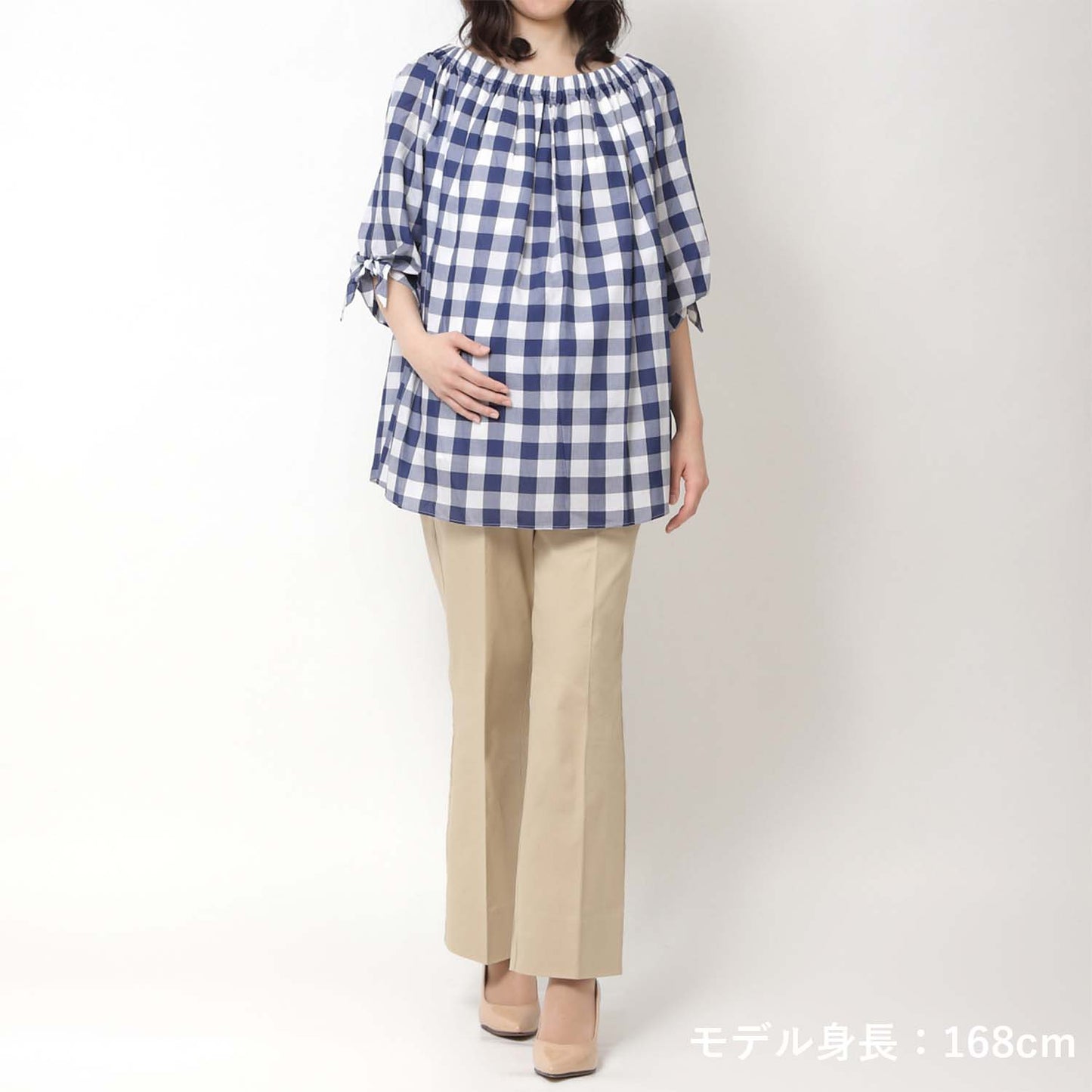 2WAYギャザーネックリボン袖ブラウス ネイビー×ホワイト(model:168cm 着用サイズ:SM)