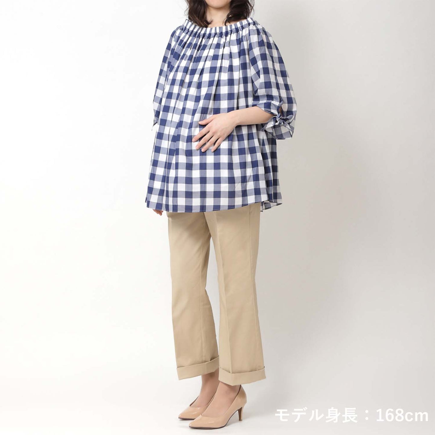 2WAYギャザーネックリボン袖ブラウス ネイビー×ホワイト(model:168cm 着用サイズ:SM)