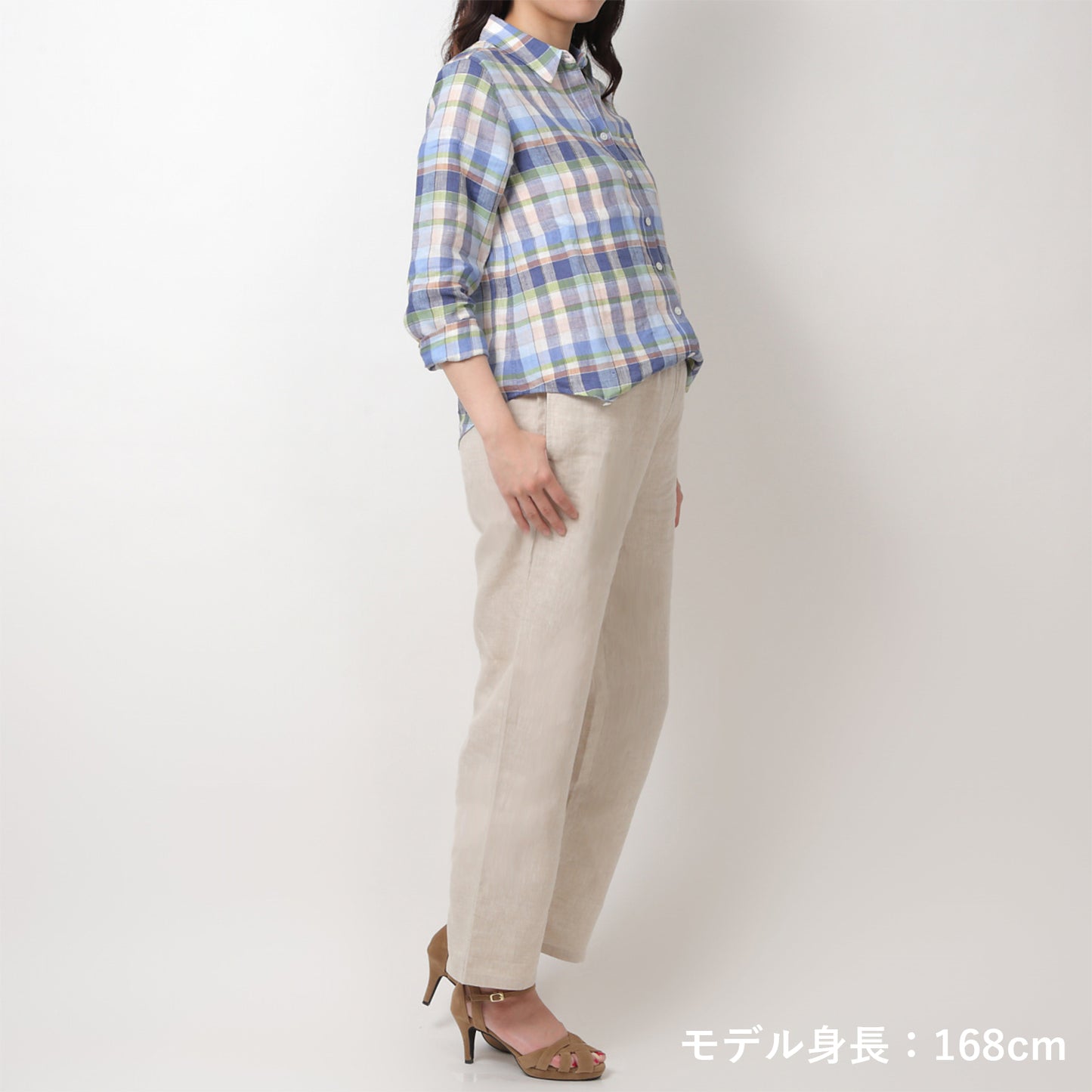 リネンチェックシャツ(model:168cm 着用サイズ:SM)