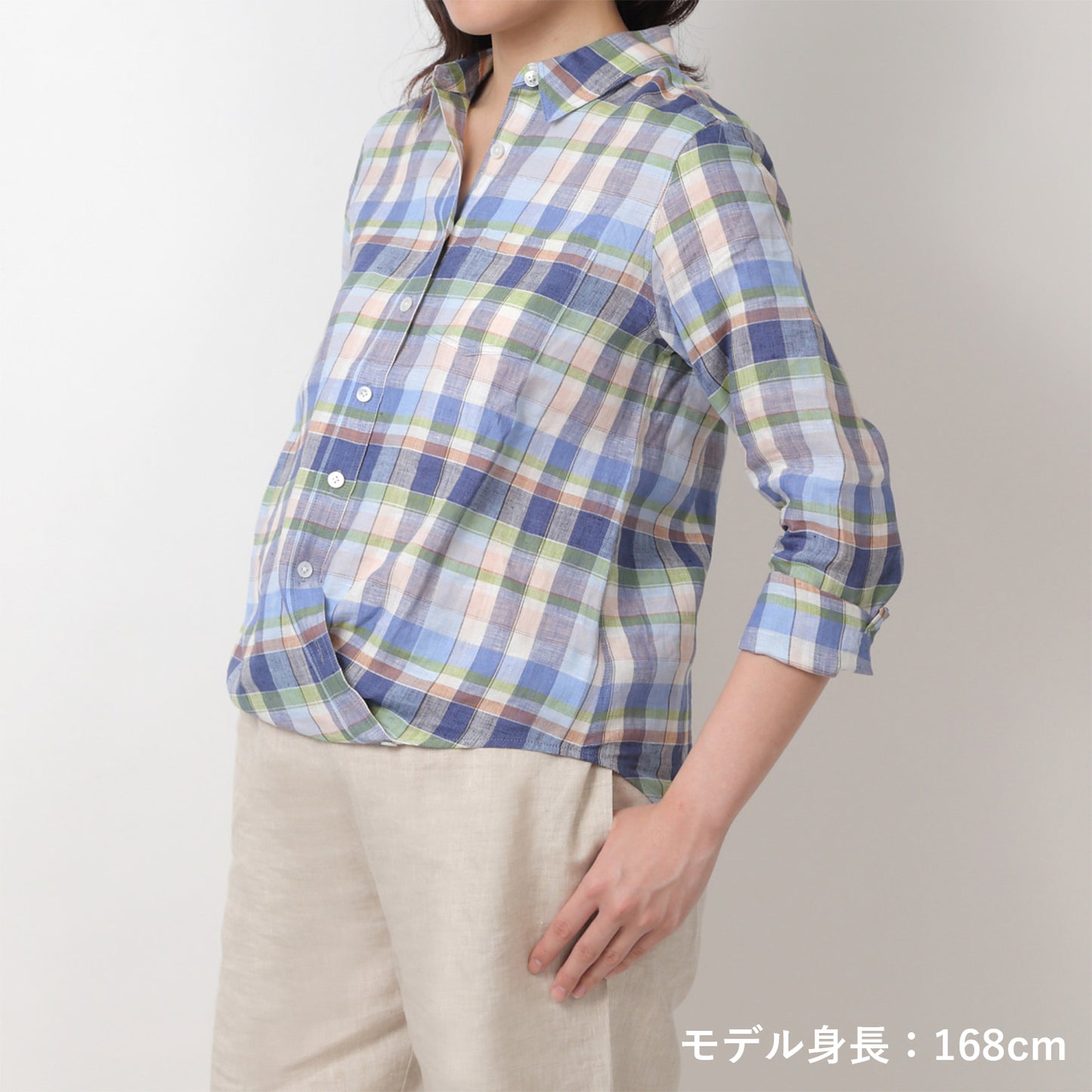 リネンチェックシャツ(model:168cm 着用サイズ:SM)