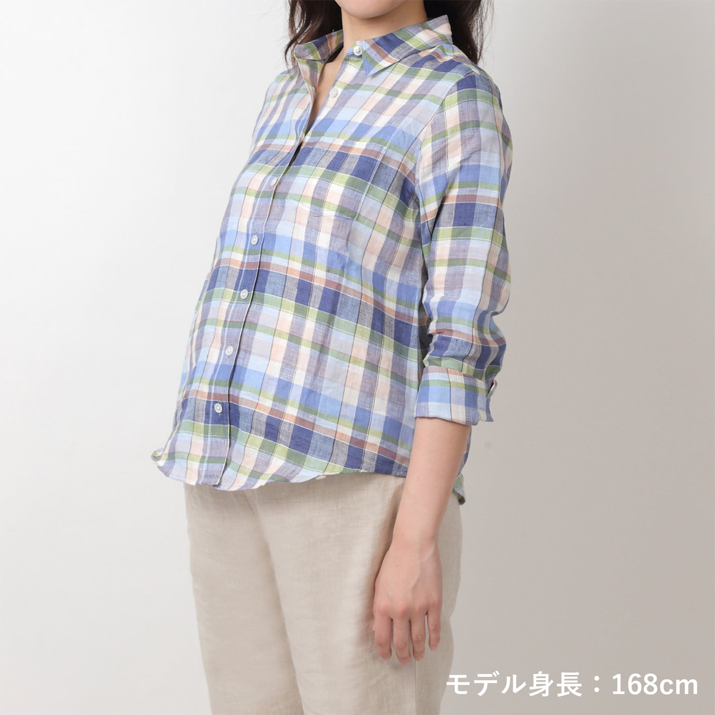 リネンチェックシャツ(model:168cm 着用サイズ:SM)