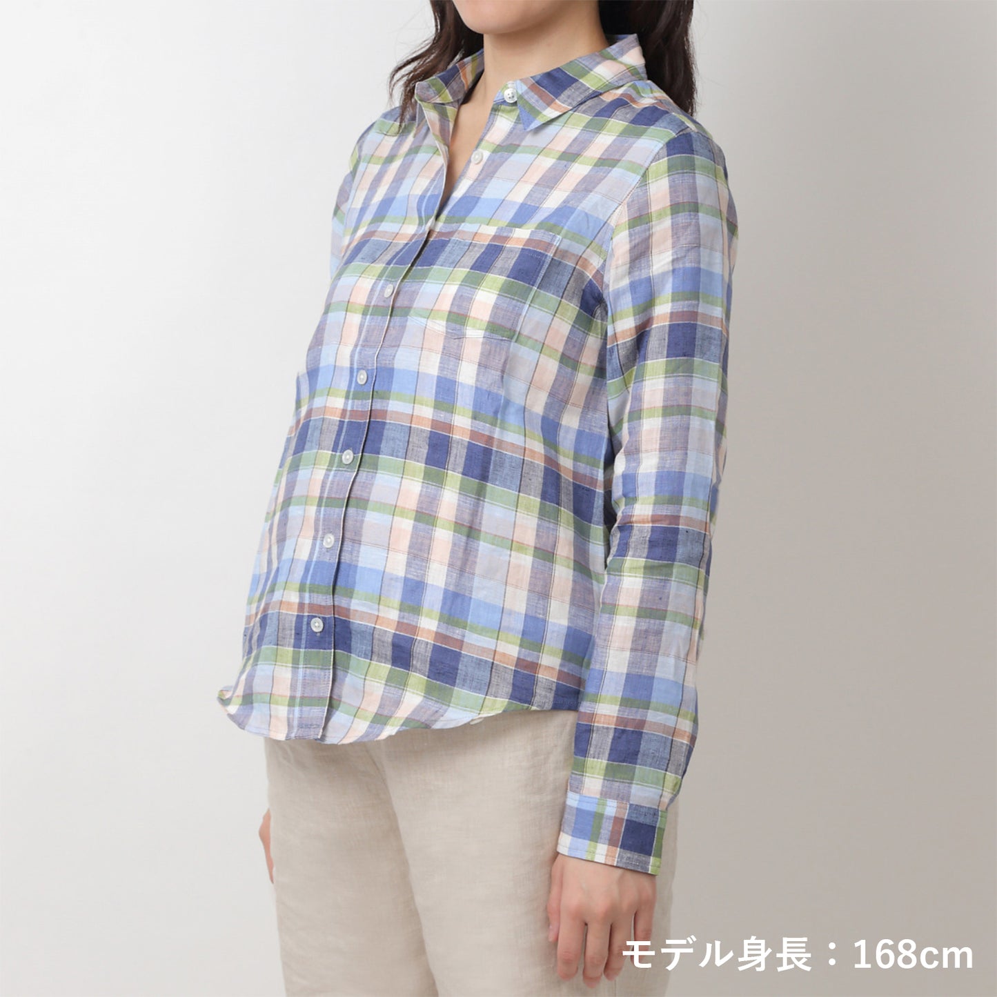 リネンチェックシャツ(model:168cm 着用サイズ:SM)
