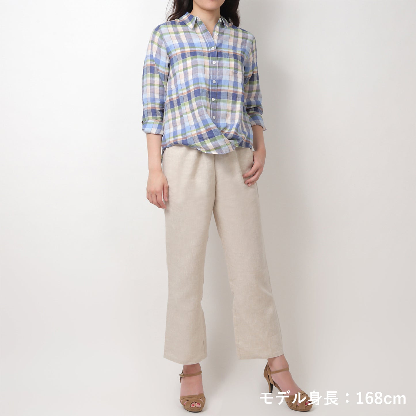 リネンチェックシャツ(model:168cm 着用サイズ:SM)