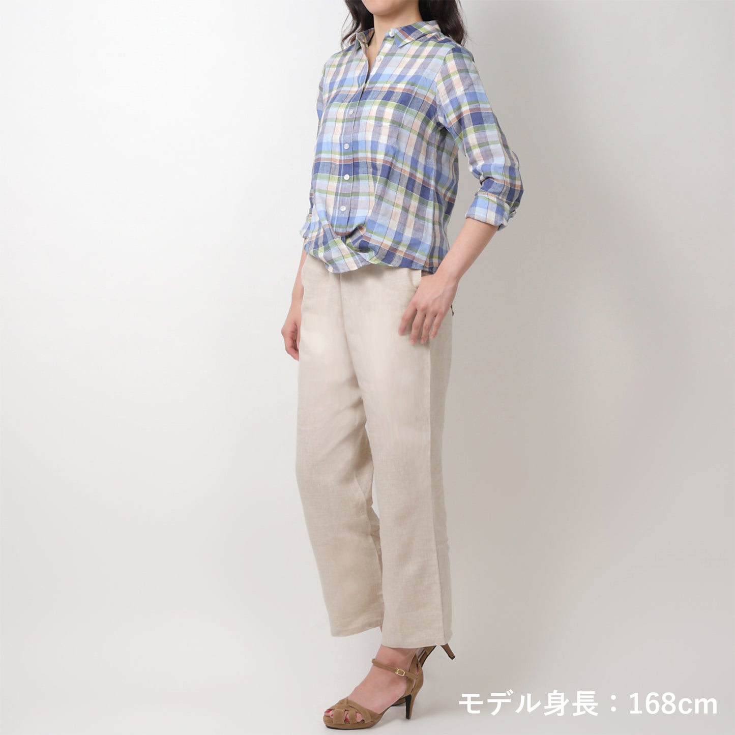 リネンチェックシャツ(model:168cm 着用サイズ:SM)