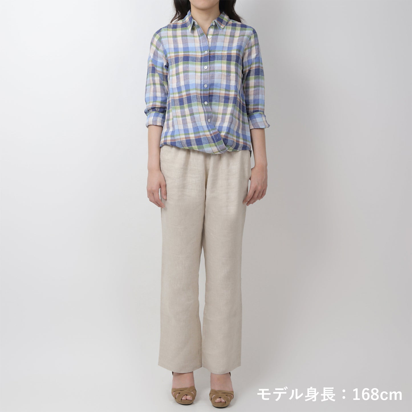 リネンチェックシャツ(model:168cm 着用サイズ:SM)
