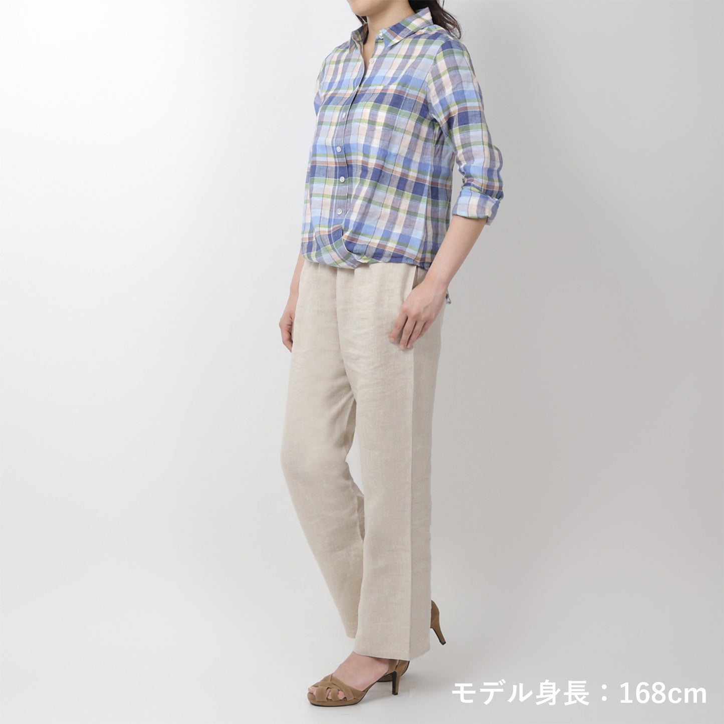 リネンチェックシャツ(model:168cm 着用サイズ:SM)