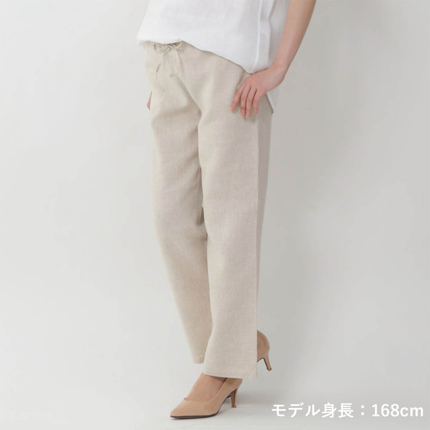 コットンバンドカラーシャツ× リネンシャツインリラクシングパンツ(model:160cm 着用サイズ:フリー/SM)