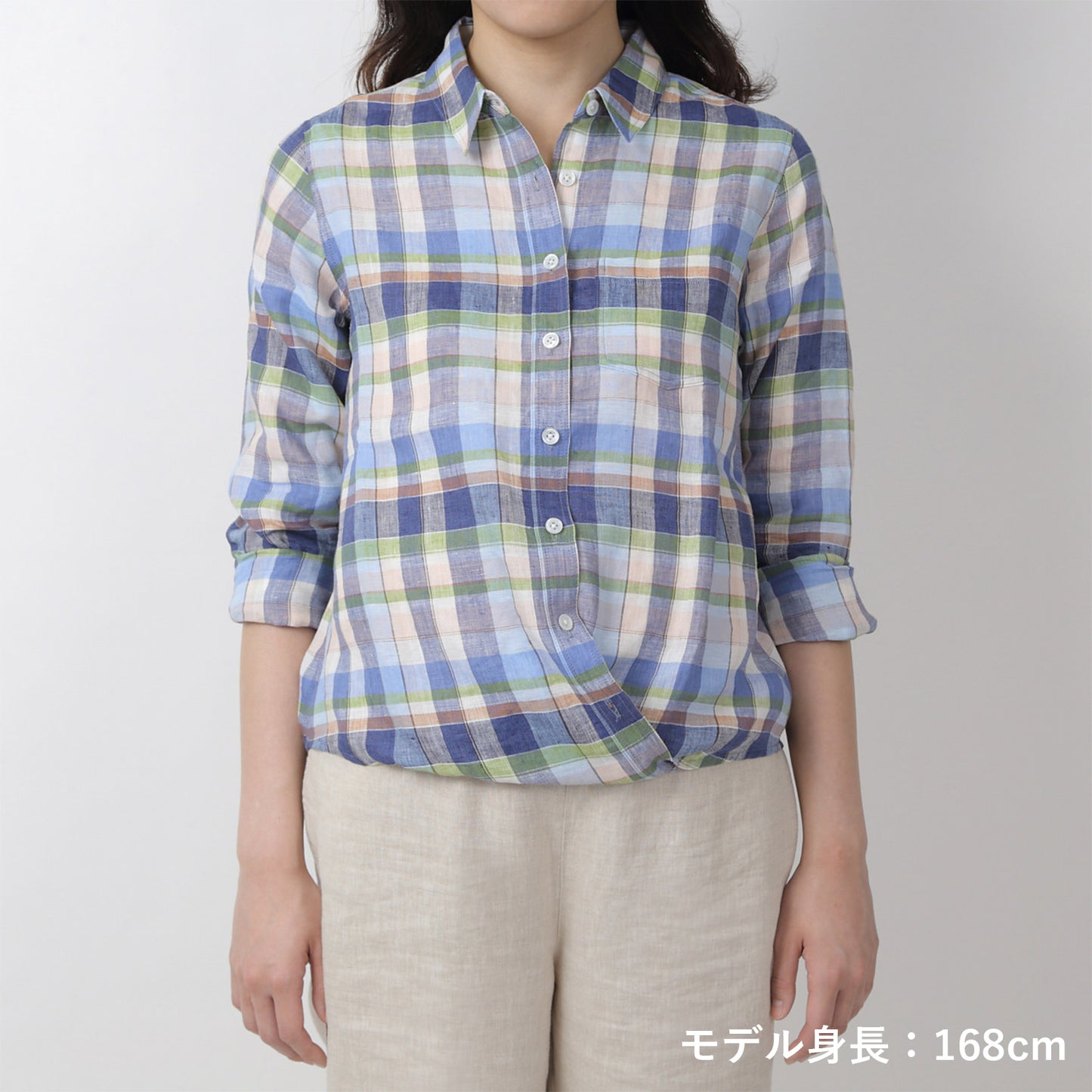 リネンチェックシャツ(model:168cm 着用サイズ:SM)